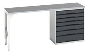 verso pedestal bench with 7 drawer 800W cab & lino worktop. WxDxH: 2000x600x930mm. RAL 7035/5010 or selected Verso Pedastal Benches with Drawer / Cupboard Unit